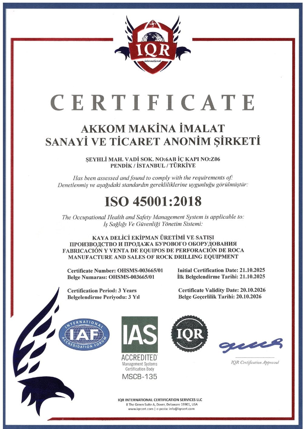 AKKOM Makine ISO 45001:2018 Occupational Health and Safety Certificate